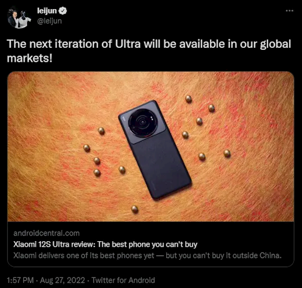 小米13 Ultra提前确认！雷军：下一代Ultra旗舰将面向全球发售