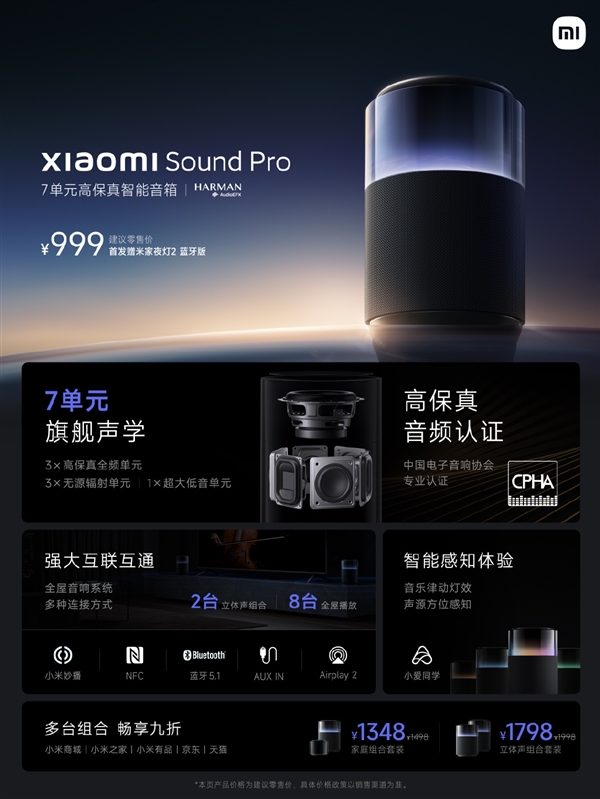 999元！小米Sound Pro智能音箱发布：独立7单元发声、40W低音