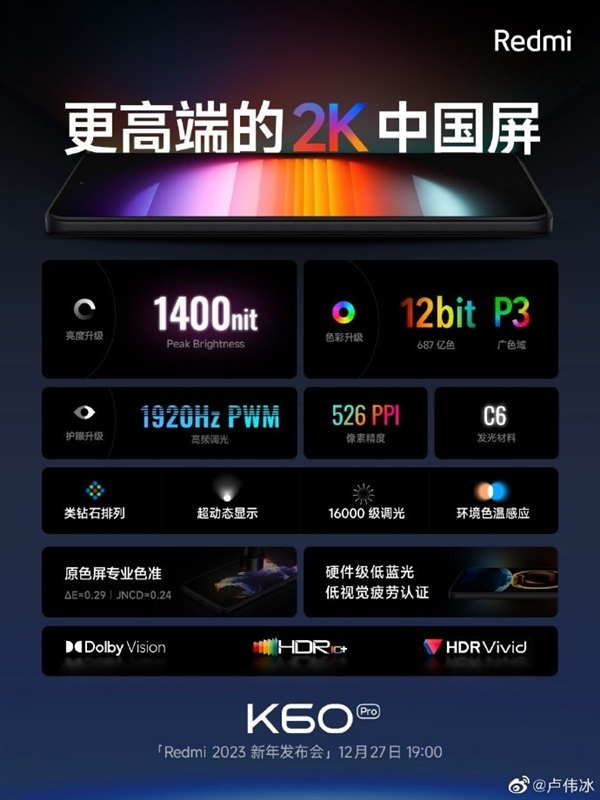 首发高端2K中国屏！Redmi K60系列今天发：价格成最大悬念