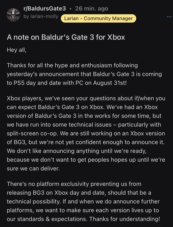 《博德之门3》Xbox版遭遇技术难题