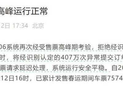 12306春运售票高峰平稳运行，日拒异常登录3982万次