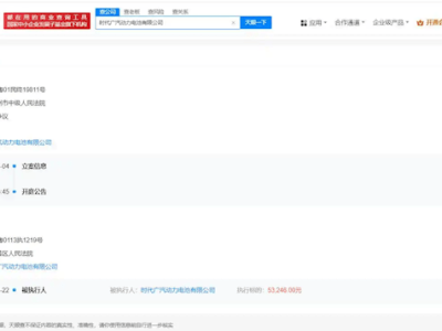 时代广汽动力电池公司成被执行人，标的仅5.32万引关注