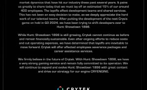Crytek宣布裁员15%并暂停《孤岛危机4》开发，财务可持续性引关注