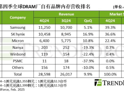 2024年四季度全球DRAM内存市场增长强劲，2025年一季度前景如何？