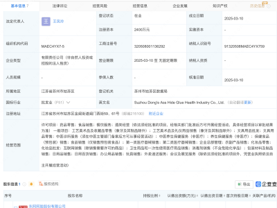 东阿阿胶全资控股，苏州新设健康产业公司聚焦医疗器械与农副产品