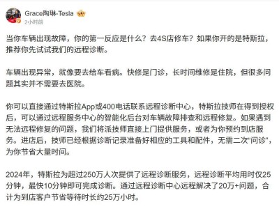 特斯拉2024年远程诊断服务超250万人次，高效便捷引领汽车维修新风尚