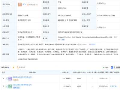 陕西长安芯材科技产业公司新成立，注册资本达3亿，经营范围广泛
