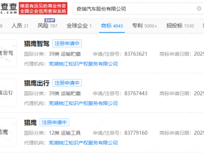 奇瑞汽车申请注册猎鹰智驾商标
