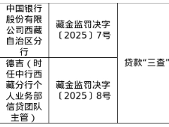 西藏中行及责任人因贷款业务不规范遭罚