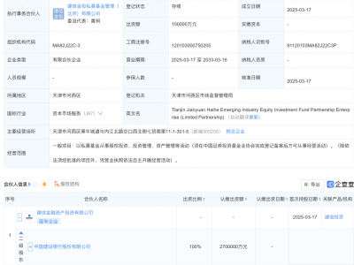 天津建源海河新兴产业股权投资基金成立，建行子公司等参投
