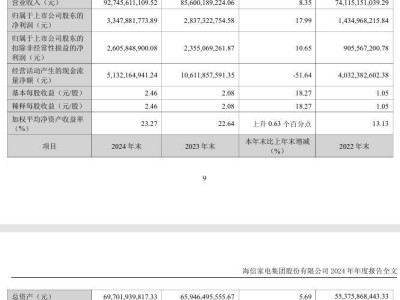 海信家电2024年业绩亮眼：归母净利润增近18%，海外收入大涨28%
