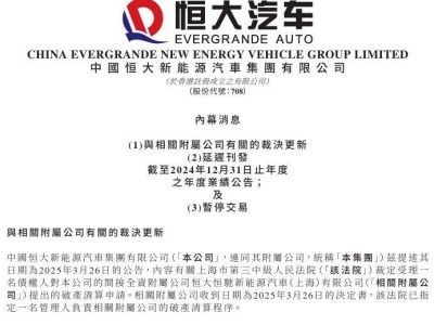 恒大汽车上海公司破产清算，2024年业绩公告延迟，股份暂停交易