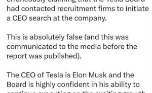 特斯拉辟谣寻新CEO，力挺马斯克继续领航
