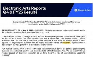 EA 2025财年财报出炉，净收入微降，《战地》新作明年发售引期待