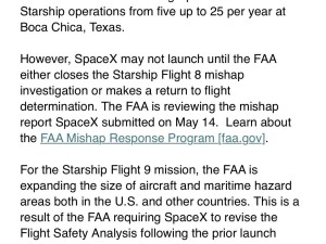 FAA修订SpaceX星舰第九次试飞许可，但IFT-8事故调查成关键