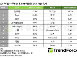2025年一季度全球纯电汽车销量榜：小米一款车型助力冲进前八！