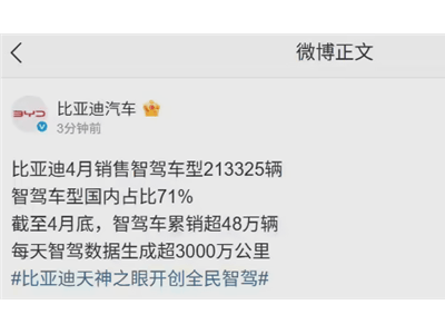 比亚迪4月智驾车型销量爆棚，国内市场占比超七成！
