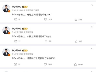 新能源车企上周订单量出炉：零跑9000，鸿蒙智行与理想破万