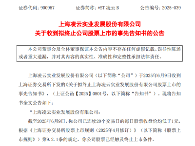 *ST凌云B连续20日股价低于1元，或将面临退市危机！