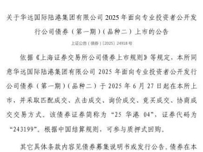 华远国际陆港集团债券6月27日上市，证券代码243199可质押回购