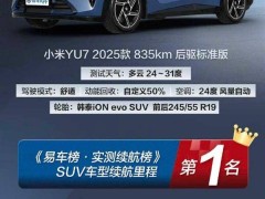小米YU7标准版SUV续航夺冠，实测满电784km，节能表现超越众多轿车