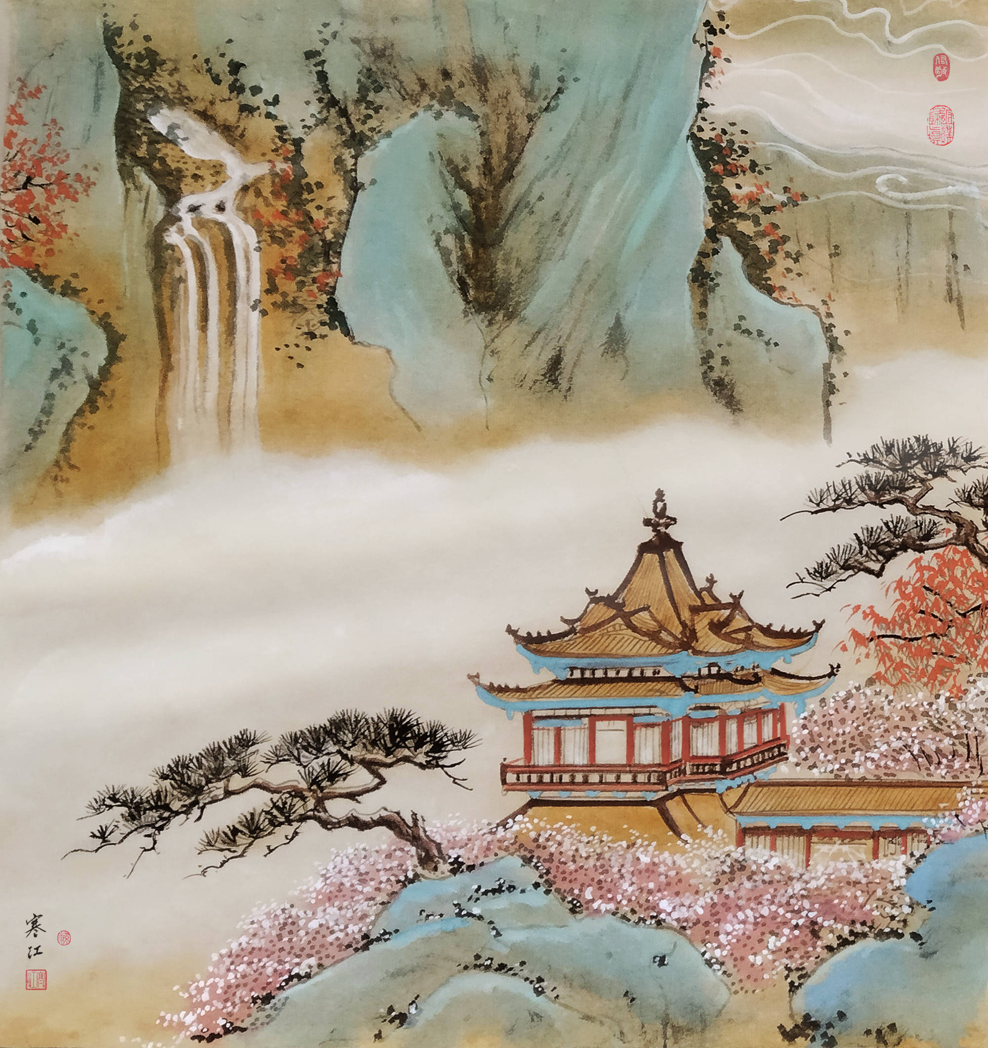 仿牟雪松《观瀑图》