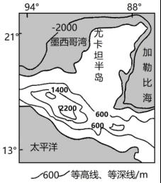 尤卡坦半岛位置和地形示意图