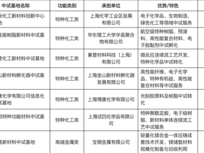 上海新設11家新材料中試基地，包括上海國際化工新材料創(chuàng)新中心等