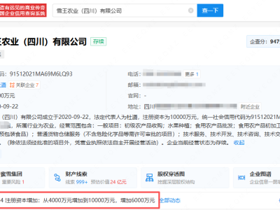 蜜雪冰城旗下雪王农业四川公司增资至1亿元