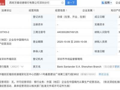 西班牙桑坦德银行深圳分行工商登记完成
