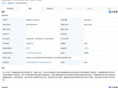 小米汽车新专利可用于制造体积能量密度更高的电池产品