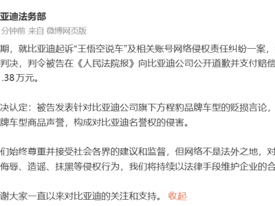 比亚迪维权成功：“王悟空说车”因侵权被判公开致歉并赔偿超31万元