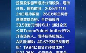 小米集团再获控股股东雷军增持 260万股B类普通股彰显信心