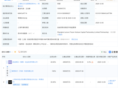 联想等在上海新设创投合伙企业,出资额10亿