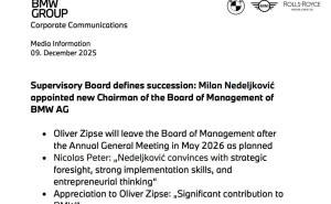 宝马集团换帅:奥利弗·齐普策退休,米兰·内德利科维奇将接任CEO