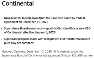 大陆集团战略转型关键期:CEO司徒澈提前卸任,科茨接棒引领轮胎新征程