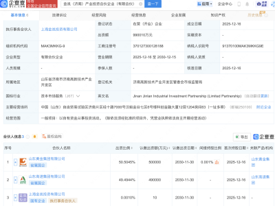 山东黄金集团等成立产投合伙企业，出资额99亿