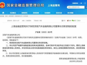 上海金融监管局核准张权任吉致汽金董事长 助力汽车金融服务发展