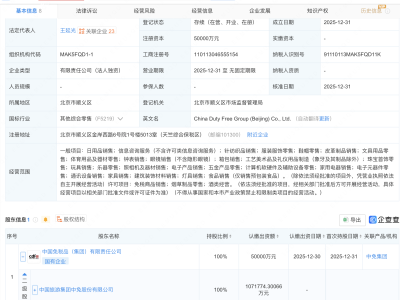 中国中免在北京成立免税品公司,注册资本5亿