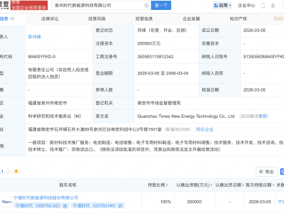 宁德时代在泉州成立新能源科技公司，注册资本20亿