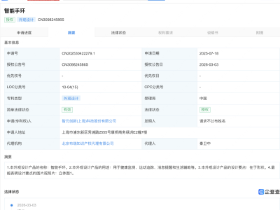 智元机器人智能手环外观设计专利获授权