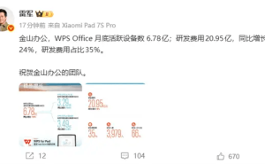 WPS全球月活设备达6.78亿创新高 雷军祝贺团队产品创新与全球化突破