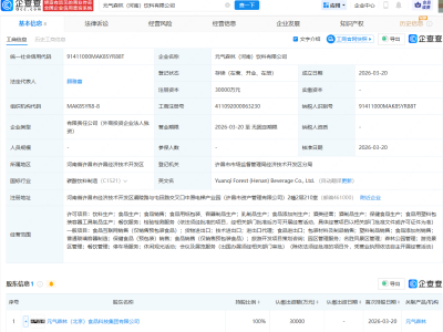 元气森林在河南成立饮料公司，注册资本3亿元