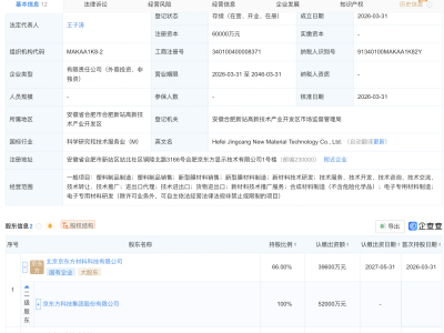 京东方等在合肥成立新材料科技公司，注册资本6亿