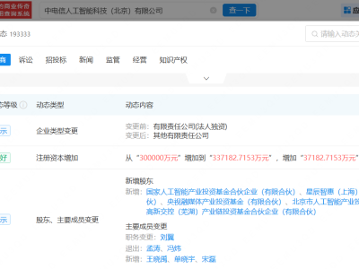国家人工智能产投基金入股中电信AI公司，后者增资至33.72亿