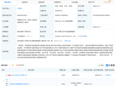 亿纬锂能在荆门成立动力新公司