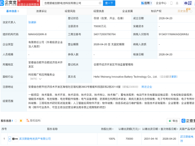 武汉蔚能电池在合肥成立创新电池科技公司，注册资本7亿