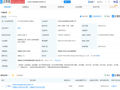宁德时代投资成立新能源科技公司，注册资本20亿