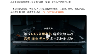 雷军晒小米汽车电池极限测试：1230项严苛测试 针刺实验表现稳健