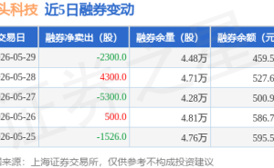 石头科技5月29日融资动态：买入1.64亿净卖出1207万，融券净买2300股余额14.11亿